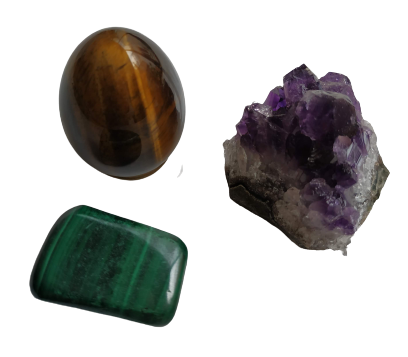 Trio pierres : oeil de tigre, malachite, améthyste